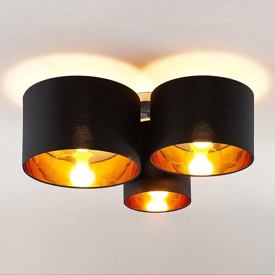 Lindby - plafondlamp - 3 lichts - stof, metaal - H: 25.5 cm - E27 - zwart, goud