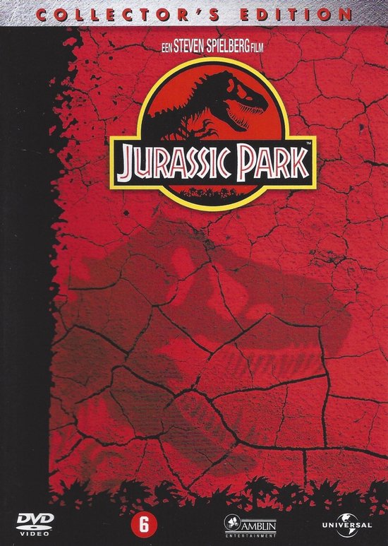 Collector's Edition: Jurassic Park DVD-hoes met rode gebarsten aarde en dinosaurus schaduw.