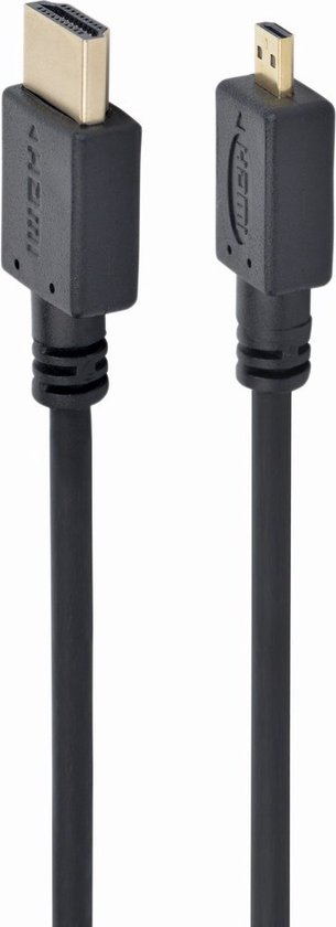 Zwarte HDMI kabel met een standaard HDMI en een Micro HDMI stekker, op een witte achtergrond.