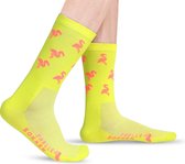 Fietssokken - Flamingo print - Neon geel - Maat 39 tot 45+ - Snelle Sokken - Vrolijke wielrensokken - Wielersokken - Mountainbikesokken - MTB Sokken - Hoogwaardig Nylon - Ademend -