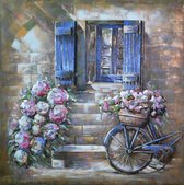 Schilderij -  Metaalschilderij - Bloemen, Venster en Fiets, 100x100cm. 3D