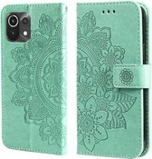 Voor Xiaomi Mi 11 Lite 7-bloemblaadje Bloemen Embossingpatroon Horizontale Flip PU-lederen hoes met houder & kaartsleuven & portemonnee & fotolijst (groen)