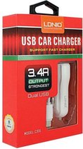 LDNIO C331 3.4A Dual USB Car Charger met Lightning kabel - Wit