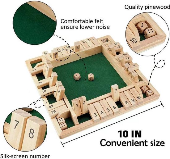 Thumbnail van een extra afbeelding van het spel Nixnix - Shut The Box - Groen - 4 Spelers - Dobbelspel - Inclusief 8x dobbelstenen - Hout - Kansspel - Bordspel - Kansspel - Reisspel - Drankspel