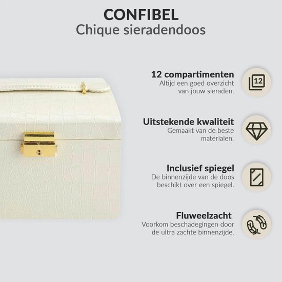 Confibel - Chique Sieradendoos met Spiegel, Slotje en Handvat - 12 Compartimenten - Wit - Confibel