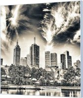 Wandpaneel Melbourne Stadsgezicht zwart wit  | 120 x 120  CM | Zilver frame | Akoestisch (50mm)