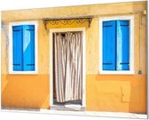 Wandpaneel Geel huis Portugese stijl  | 120 x 80  CM | Zilver frame | Wand-beugels (27 mm)