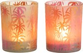 J-Line Windlicht Palmbomen Glas Oranje/Roze Medium Assortiment van 2/  Set van 4 stuks