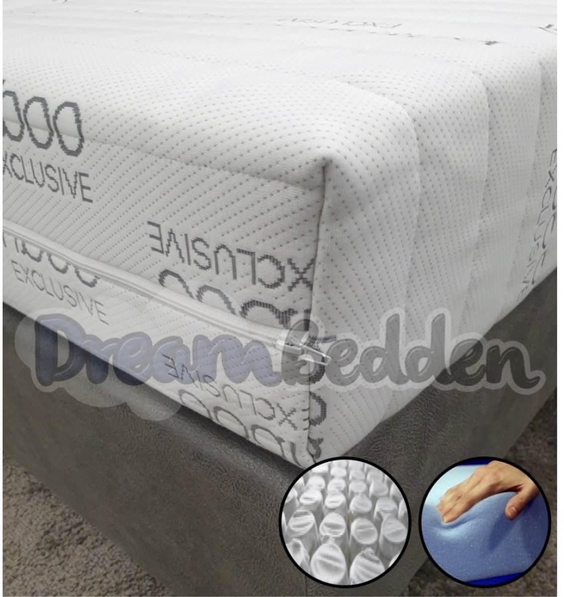 dreambedden Matras 200x200 HR55 Koudschuim 9-zones pocketvering Bamboo Exclusive Ca. 21cm Dik wit