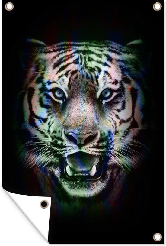 Tête de tigre colorée sur fond noir 80x120 cm