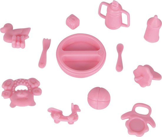 Roze plastic babyaccessoires: een bord, bestek, beker, fles, teddybeer, speelgoed, bal en rammelaar.