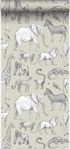 ESTAhome behang jungle dieren beige en grijs - 139270 - 0.53 x 10.05 m