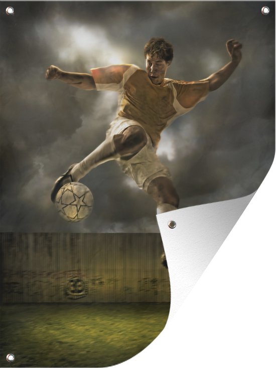 Tuinschilderij Een illustratie van een voetballer die tegen de bal schopt - Jongens - Jongetje - Kids - 60x80 cm - Tuinposter - Tuindoek - Buitenposter