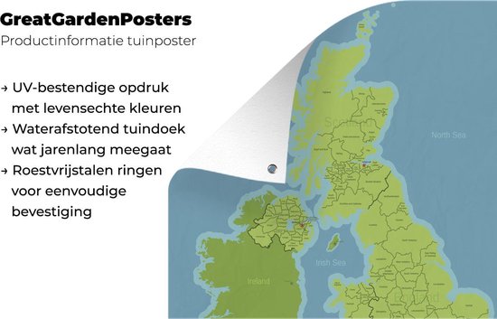 Affiche de jardin - Toile de jardin - Posters de jardin extérieur - dessin d'une carte détaillée du Royaume-Uni - 90x120 cm - Jardin