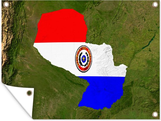 Muurdecoratie buiten Een satellietbeeld van Paraguay met de vlag van het land eroverheen - 160x120 cm - Tuindoek - Buitenposter