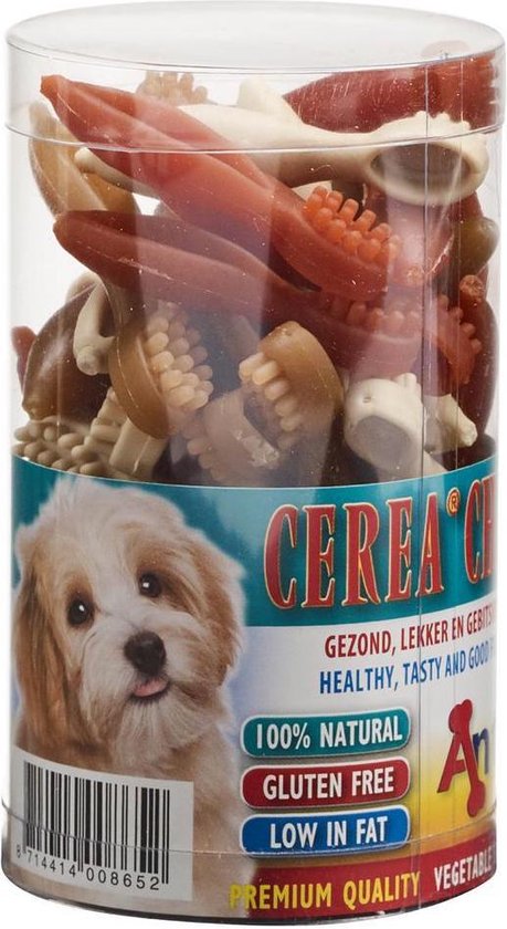 Cere'a C'bon, gezonde en lekkere hondenkoekjes in een doorzichtige verpakking, met afbeelding van een hondje.