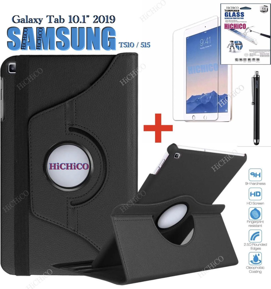 HiCHiCO Tablet Hoes voor Samsung Galaxy Tab A 10.1” 2019, Galaxy Tab T510 / T515 Hoesje, 360 Graden Draaibaar Tablet Case met Stylus Pen + Screen Protector