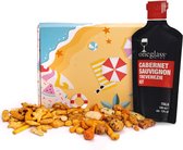 Zomer brievenbusgeschenk; Rode wijn, 50 gram zoutjes, 50 gram disco mix