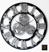 LW Collection XL wandklok zwart grijs 80cm - Ronde Muurklok Industrieel - Wandklok met wielen - Zwart Grijze Klok / industriële klok