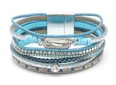 Dielay - Armband Dames - PU Kunstleer - Schelp - Lengte 19,5 cm - Blauw en Zilverkleurig