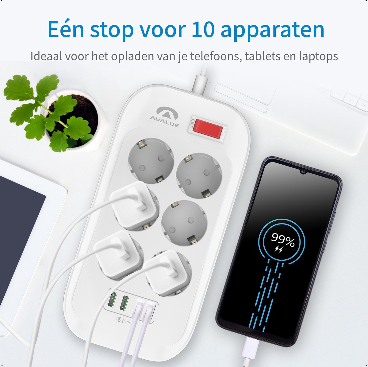 Verlengsnoer Met Stekkerdoos USB En Schakelaar Overspanningsbeveiliging 2 meter
