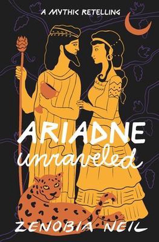 Boekcover met Zeus en Ariadne in het oranje, met een panter aan hun voeten. Titel: Ariadne Unraveled.