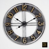 LW Collection wandklok Becka grijs zilver met gouden cijfers 60cm - grote industriële klok stil uurwerk - Moderne zwarte wandklok - Industrieel - Vintage