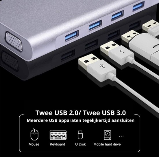 11-in-1 USB C Hub - 4 x USB 3.0 A - USB splitter - Ethernet - 4K HDMI - VGA - RJ-45 - 3.5mm Jack - USB-C Power Delivery - SD & TF kaart lezer - USB hub 3.0 - Space Grey - Merkloos
