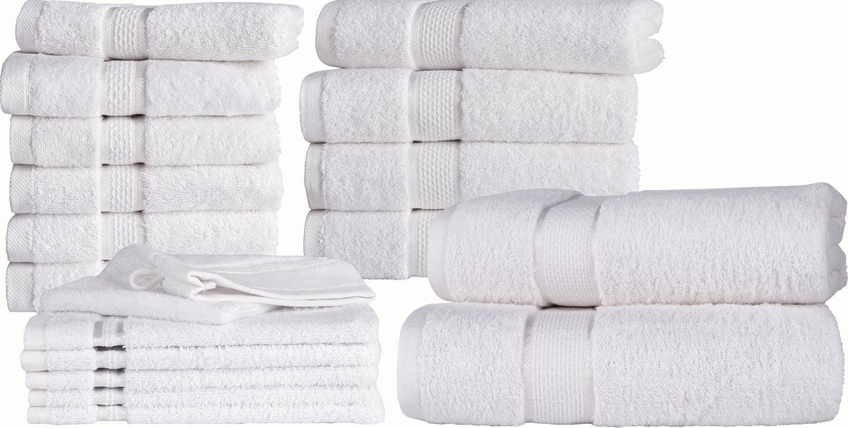 Homéé 18 delige handdoekenset Ruche 2 badlakens 4 handdoeken 6 gastendoekjes 6 washandjes wit gekamde katoen 550g. m²