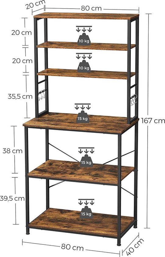 Étagère de cuisine, support debout avec étagères, avec 6 crochets et cadre en métal, design industriel, pour micro-ondes, ustensiles de cuisine, 80 x 40 x 167 cm, vintage marron-noir KKS019B01
