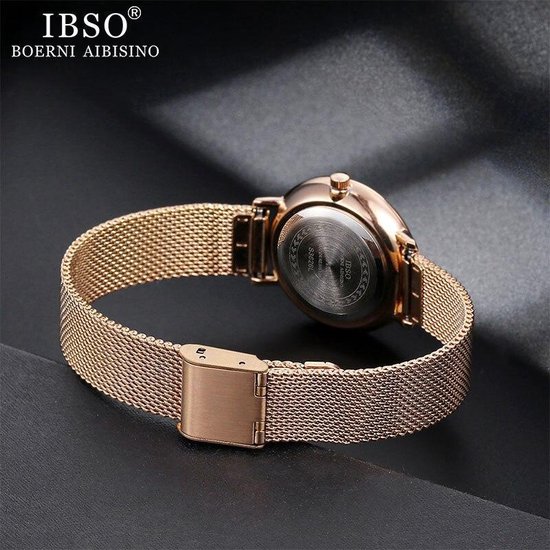 IBSO dameshorloge met rosé-gouden mesh band, achterkant met merklogo.