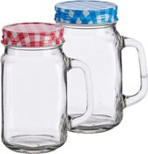 Set van 4x stuks glazen Mason Jar drinkbekers/drinkpotjes met gekleurde dop 430 ml - anti-lek drinkglazen