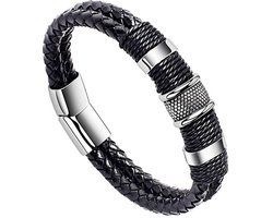 Victorious Leren Armband Heren – Dubbel Leer & RVS Roestvrij Staal– Zwart/Zilver – 21cm
