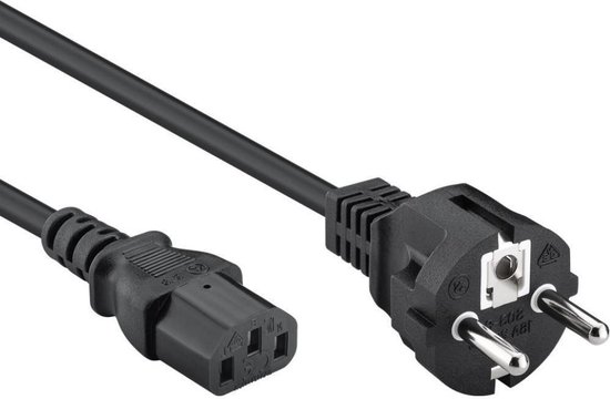 Zwarte voedingskabel met aan de ene kant een C13 connector en aan de andere kant een Schuko stekker.