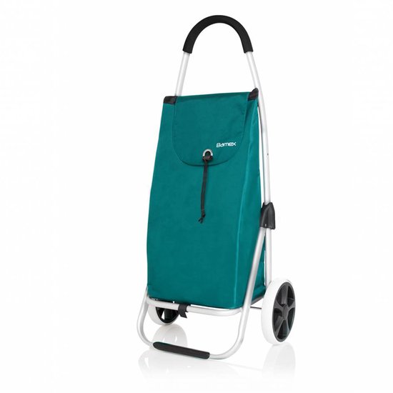 Groene boodschappentrolley van Bamex, met trekkoord sluiting en witte/zwarte wielen.