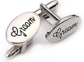 Ovale manchetknopen voor de bruidegom wit met zilver met de tekst Groom - bruidegom - huwelijk - manchetknopen