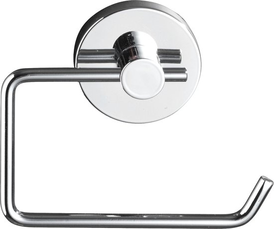 Chroomkleurige toiletrolhouder met een ronde wandplaat en een enkele, U-vormige houder.