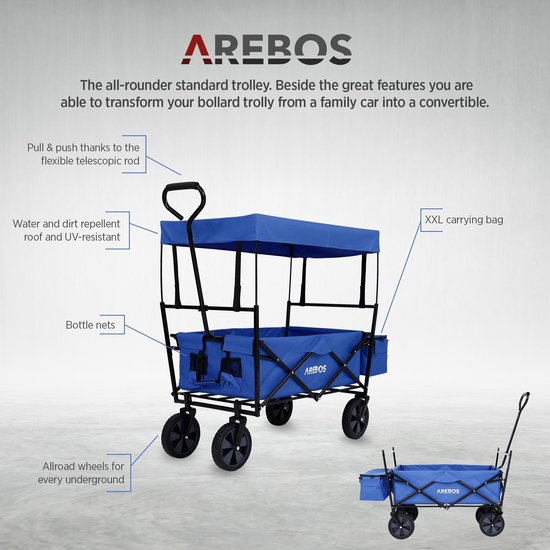 AREBOS ECO Bolderkar Opvouwbare - Bolderkar Luchtbanden - met Dak - Strandkar - Blauw van AREBOS — afbeelding 3