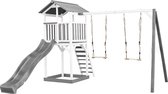 AXI Beach Tower Speeltoestel in Grijs/Wit - Speeltoren met Zandbak, Dubbele Schommel en Grijze Glijbaan - FSC hout - Speelhuis op palen voor de tuin