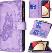 Voor Samsung Galaxy A03s Vliegende Vlinder Embossing Patroon Rits Horizontale Flip Lederen Case met Houder & Kaartsleuven & Portemonnee (Paars)
