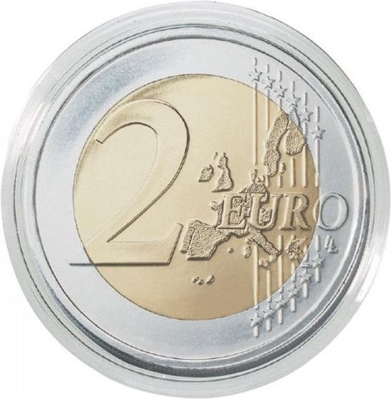 Een 2 euro munt, goudkleurig in het midden en zilverkleurig aan de rand, met een kaart van Europa.