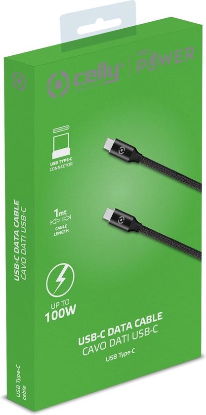 Power Delivery USB-kabel Type-C, 1 meter, Zwart - PVC - Celly