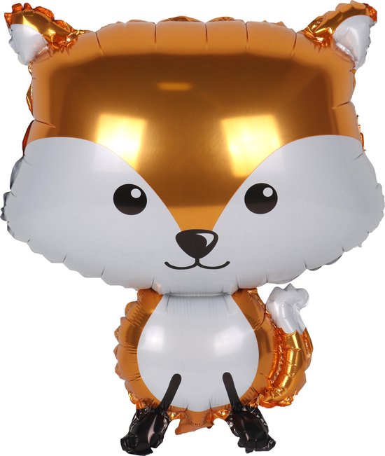 Een vos-vormige ballon met oranje en witte vacht, zwarte oogjes en mond, en oranje oren en staart.