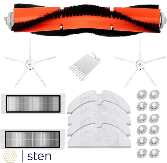 Een set robotstofzuigeronderdelen: oranje hoofdborstel, witte filters, dweilen, zijborstels en schroefjes.