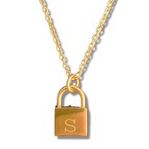 Goudkleurige Ketting stainless steel met hangslotje waarop een letter of een naam gegraveerd kan worden