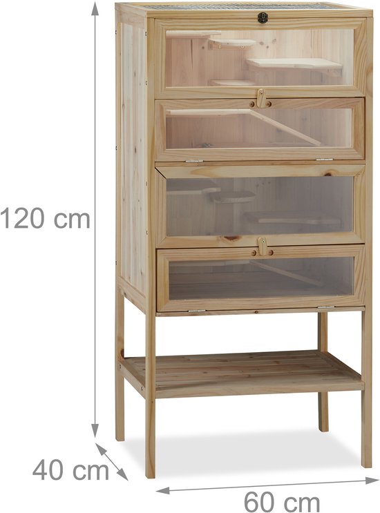 Hamsterkooi 3 etages houten knaagdierhok met klepjes - 120x60x40 cm - XXL natuurlijke knaagdierenkooi