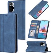 Voor Xiaomi Redmi Note 10 5G Huid Voelen Druk Lijn Magnetische Horizontale Flip Lederen Case met Houder & Kaartsleuf & Portemonnee & Fotolijst (Blauw)