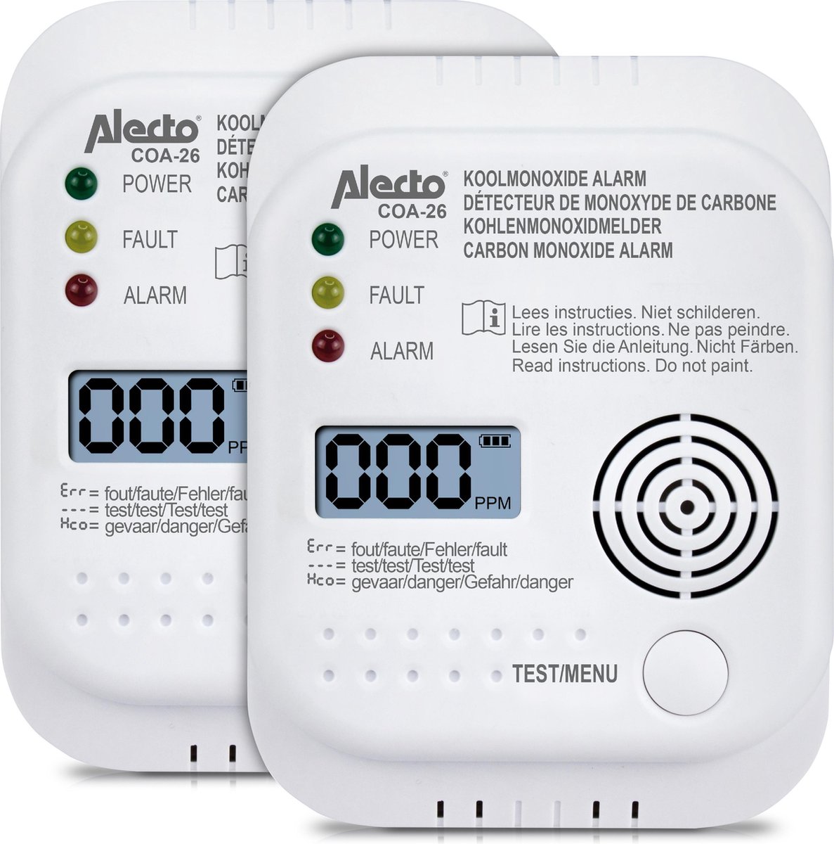 Alecto COA-26 TWIN Koolmonoxide melder, 2st - long life sensor 7 jaar