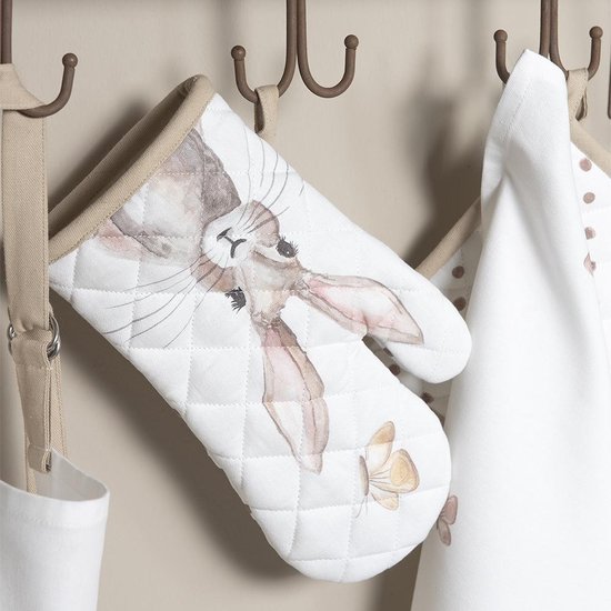 Clayre & Eef Manique de four 18x30 cm Blanc Marron Coton Lapin