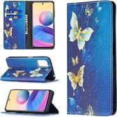 Voor Xiaomi Poco M3 Pro / Redmi Note 10 5G Gekleurd Tekenpatroon Onzichtbare Magnetische Horizontale Flip PU Lederen Case met Houder & Kaartsleuven & Portemonnee (Gouden Vlinders)